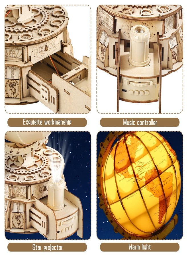 Elcoho 189-Piece 3D Wooden Globe Puzzle for Adults - 24 x 22 x 35cm Illuminated Globe DIY Model Kit with Stand Built-in LED Music Starry Projector Slide Box Stem Gifts for Adults/Teens - Image 2